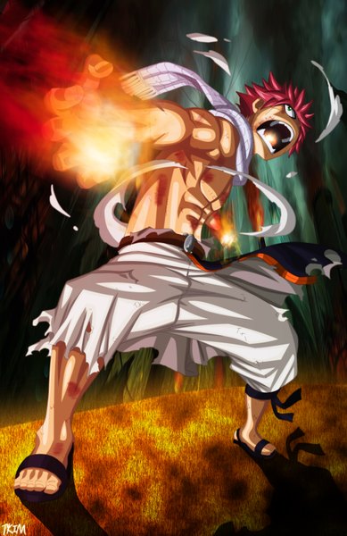 Anime picture 2263x3491 with fairy tail natsu dragneel futuretabs single tall image highres short hair open mouth green eyes pink hair coloring torn clothes magic muscle angry screaming boy scarf blood vest