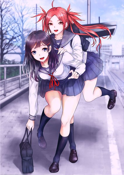 Anime picture 900x1273 with original konekoneko (indonesia) long hair tall image looking at viewer open mouth blue eyes red eyes twintails multiple girls purple hair full body ahoge outdoors red hair girl skirt uniform 2 girls miniskirt