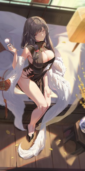 Anime picture 1000x2000 with azur lane charybdis (azur lane) charybdis (red chamber of healing) (azur lane) dongfangzhong111 single long hair tall image looking at viewer fringe breasts light erotic large breasts sitting holding cleavage full body indoors nail polish arm up fingernails