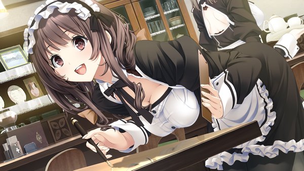 Anime picture 1280x720 with kiss ato hoshimi tsukuyo mikoto akemi long hair looking at viewer blush open mouth black hair wide image brown eyes game cg maid girl dress headdress maid headdress