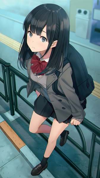 Anime picture 750x1334 with original hyuuga azuri single long hair tall image looking at viewer blush fringe black hair standing payot full body outdoors blunt bangs long sleeves from above arm support open jacket grey eyes sleeves past wrists