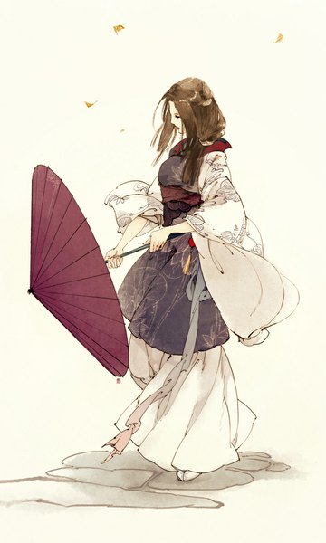 Anime picture 709x1181 with original ibuki satsuki long hair tall image simple background brown hair eyes closed traditional clothes wide sleeves traditional media girl leaf (leaves) umbrella oriental umbrella