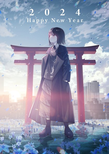 Anime-Bild 1414x2000 mit original koh rd single tall image short hair black hair red eyes standing looking away sky cloud (clouds) full body outdoors city cityscape new year hands in pockets happy new year fashion 2024