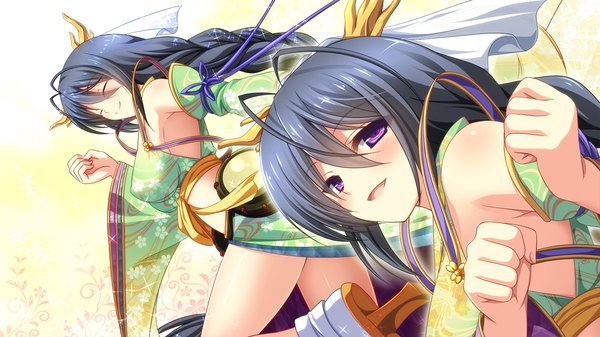 Anime picture 1280x720 with sengoku hime 4 long hair blush open mouth black hair wide image purple eyes game cg eyes closed traditional clothes girl detached sleeves