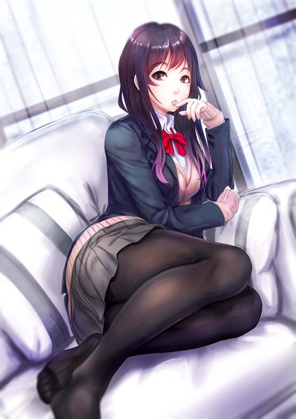 Anime picture 900x1273 with original konekoneko (indonesia) single long hair tall image looking at viewer fringe black hair sitting brown eyes full body bent knee (knees) indoors parted lips pleated skirt multicolored hair two-tone hair no shoes finger to mouth girl