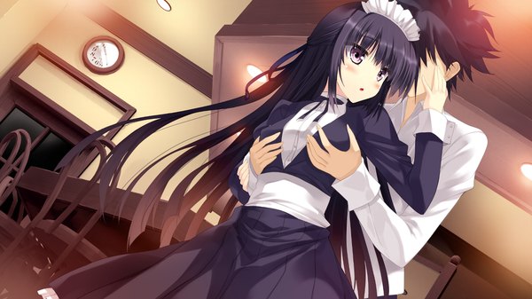 Anime picture 1280x720 with koiken otome kamishiro touko tateha (marvelous grace) long hair blush open mouth black hair wide image purple eyes game cg maid couple girl boy headdress maid headdress