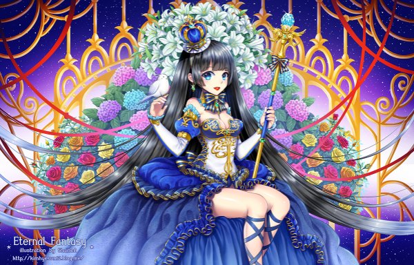 Anime picture 1198x768 with original shainea single looking at viewer blush blue eyes black hair very long hair girl dress flower (flowers) ribbon (ribbons) detached sleeves earrings staff