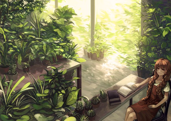 Anime picture 1555x1100 with original berabou single long hair looking at viewer fringe smile brown hair sitting brown eyes payot braid (braids) from above sunlight short sleeves hand on hip twin braids girl plant (plants) glasses