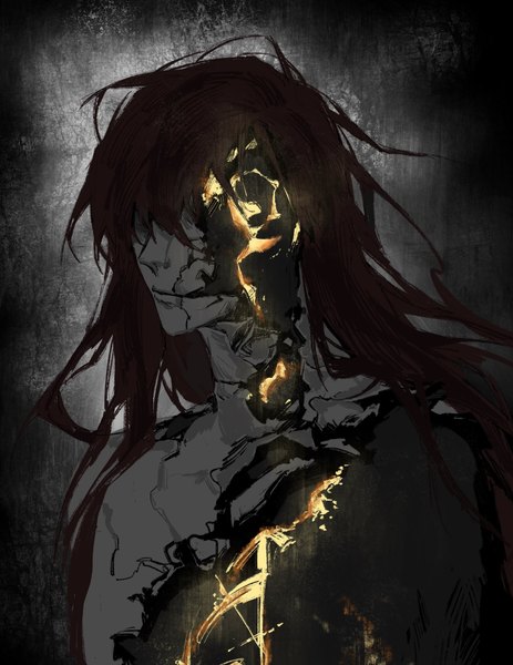 Anime picture 1582x2048 with elden ring radagon of the golden order jiao chang single long hair tall image fringe simple background hair between eyes upper body dark background spoilers boy