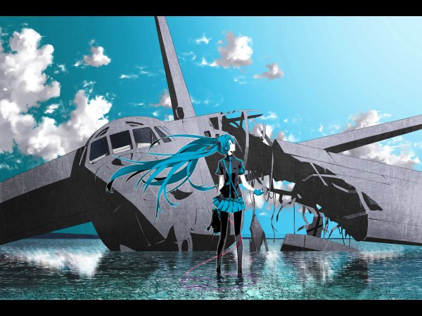Anime picture 2400x1800 with vocaloid hatsune miku irena (artist) highres sky cloud (clouds) girl skirt gloves water necktie headphones aircraft airplane