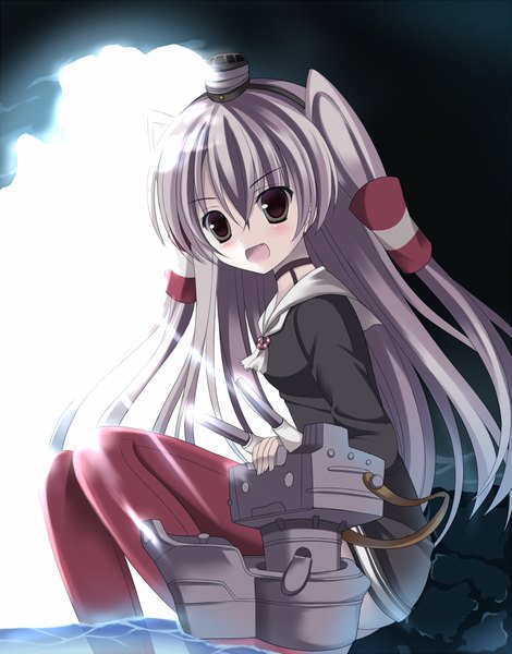 Anime picture 784x1000 with kantai collection amatsukaze destroyer rensouhou-kun kurusu ren single long hair tall image looking at viewer blush open mouth sitting bent knee (knees) grey hair grey eyes two side up girl weapon hat hair tubes sailor suit