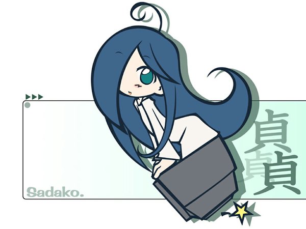 Anime picture 1024x768 with the ring yamamura sadako single fringe blue hair ahoge hair over one eye girl