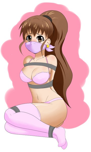 Anime picture 1800x3000 with working!! a-1 pictures taneshima popura jam-orbital (artist) single long hair tall image highres light erotic brown hair brown eyes full body ponytail underwear only bondage girl thighhighs navel underwear panties