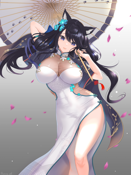 Anime picture 1123x1500 with azur lane fusou (azur lane) nanam (nanam sk) single long hair tall image looking at viewer blush fringe breasts open mouth blue eyes light erotic black hair simple background smile hair between eyes large breasts standing holding