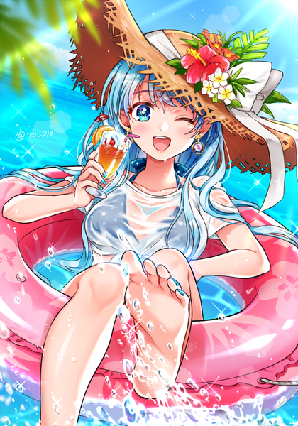 Anime picture 1000x1427 with original tyyni single long hair tall image looking at viewer open mouth blue eyes signed blue hair nail polish one eye closed wink sunlight twitter username wet clothes ;d blue nail polish pov feet afloat
