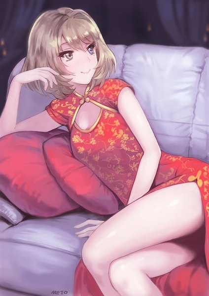 Anime picture 600x849 with idolmaster idolmaster cinderella girls takagaki kaede meto31 single tall image blush fringe short hair blue eyes smile hair between eyes brown hair green eyes signed looking away traditional clothes mole arm support mole under eye
