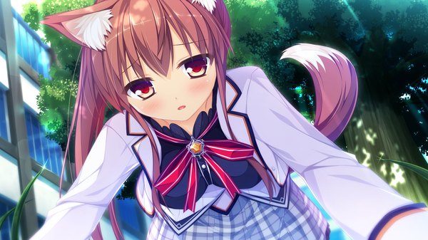 Anime picture 1920x1080 with world election whirlpool (studio) faura linans single long hair looking at viewer blush highres open mouth red eyes brown hair wide image animal ears game cg ponytail tail animal tail girl uniform plant (plants)