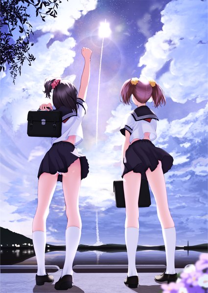 Anime picture 724x1023 with original nanahime (aoi) tall image short hair light erotic black hair twintails multiple girls looking away sky purple hair cloud (clouds) arm up from behind pantyshot girl skirt uniform underwear panties