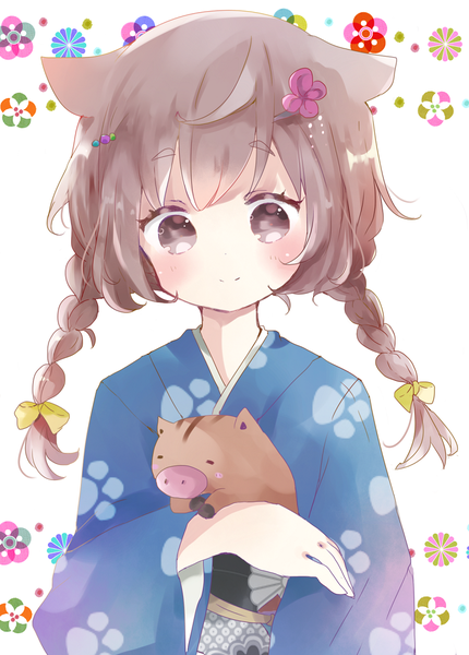 Anime picture 803x1121 with original tsukiyo (skymint) single long hair tall image blush brown eyes animal ears upper body braid (braids) traditional clothes japanese clothes light smile twin braids new year zodiac chinese zodiac pig (chinese zodiac) girl animal