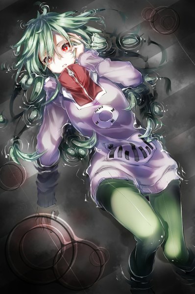 Anime picture 903x1360 with kagerou project shaft (studio) kido tsubomi yokiri single long hair tall image looking at viewer red eyes lying green hair from above tears rain girl water sweater