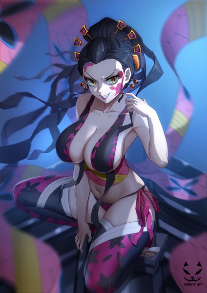 Anime picture 1500x2122 with kimetsu no yaiba ufotable daki (kimetsu no yaiba) shadow cat single long hair tall image looking at viewer breasts light erotic black hair smile large breasts ponytail from above grin facial mark shaded face squat girl