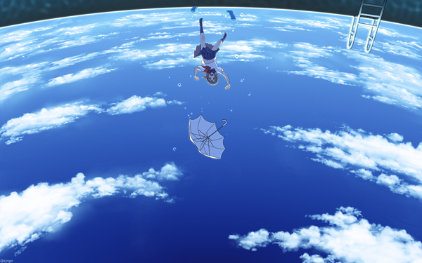 Anime picture 1920x1200 with original shapoco single looking at viewer highres open mouth smile brown hair brown eyes sky cloud (clouds) full body reflection jumping upside down shoes removed girl skirt uniform socks