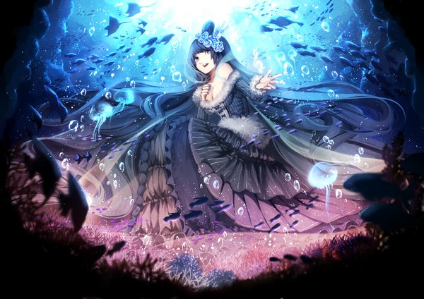 Anime picture 1414x1000 with original ryota (ry o ta) single long hair open mouth blue eyes blue hair looking away hair flower underwater girl dress hair ornament flower (flowers) bubble (bubbles) fish (fishes)