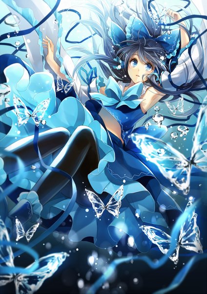 Anime picture 706x1000 with touhou hakurei reimu hagiwara rin single long hair tall image blue eyes black hair traditional clothes looking up miko alternate color girl skirt ribbon (ribbons) detached sleeves pantyhose frills insect butterfly