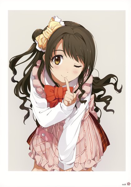 Anime picture 2456x3500 with idolmaster idolmaster cinderella girls milky been! (ogipote) - 2015 charakcolle (artbook) shimamura uzuki ogipote single long hair tall image looking at viewer highres simple background smile brown hair brown eyes long sleeves one eye closed wink scan grey background leaning