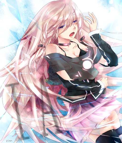 Anime picture 1578x1851 with vocaloid ia (vocaloid) single long hair tall image blush breasts open mouth bare shoulders pink hair cleavage braid (braids) aqua eyes twin braids singing girl thighhighs skirt pink skirt