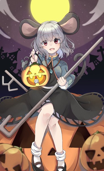 Anime picture 1181x1929 with touhou nazrin ponta (wwtaimeww) single tall image looking at viewer open mouth smile red eyes sitting holding animal ears sky outdoors tail animal tail grey hair night night sky halloween