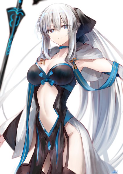Anime picture 1304x1842 with fate (series) fate/grand order morgan le fay (fate) jazztaki single tall image looking at viewer fringe blue eyes light erotic simple background hair between eyes standing white background payot cleavage silver hair ponytail very long hair no panties