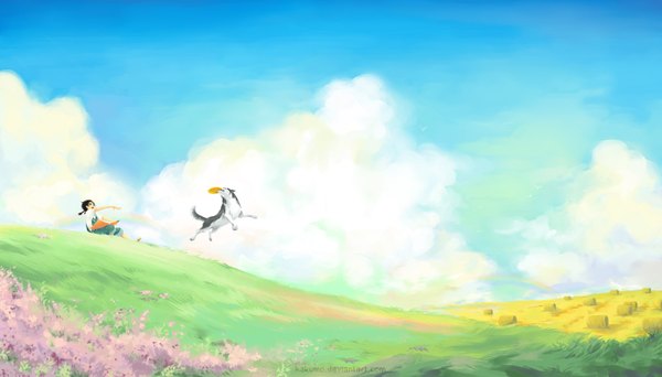 Anime picture 1386x792 with original hakumo black hair wide image cloud (clouds) landscape field playing boy animal dog hay