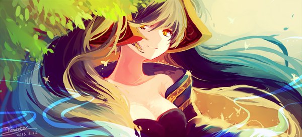 Anime picture 1600x730 with league of legends sona buvelle prophet chu single long hair looking at viewer blush smile wide image twintails bare shoulders yellow eyes blue hair cleavage girl dress hair ornament plant (plants) tree (trees) insect
