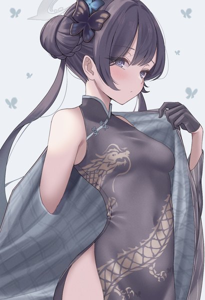 Anime picture 1041x1524 with blue archive kisaki (blue archive) bisuke (isbsk ekaki) single long hair tall image blush blue eyes light erotic black hair twintails looking away upper body traditional clothes hair bun (hair buns) covered navel chinese clothes undressing side slit braided bun