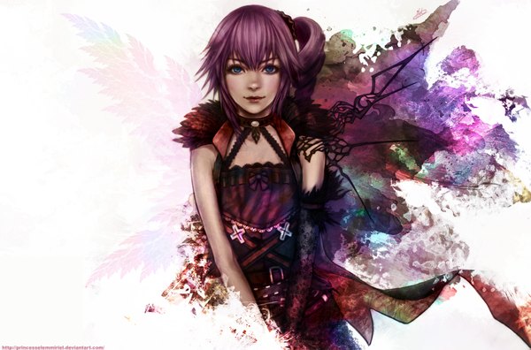 イラスト 1923x1271 と final fantasy xiii lightning returns: final fantasy xiii ルミナ princesselemmiriel ソロ 長髪 カメラ目線 highres 青い目 笑顔 ピンク髪 ポニーテール サイドポニーテール 女の子 ドレス 片手袋