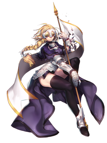 Anime picture 600x800 with fate (series) fate/apocrypha type-moon jeanne d'arc (fate) (all) jeanne d'arc (fate) matsuki ringo single long hair tall image fringe breasts blue eyes simple background blonde hair ahoge braid (braids) single braid broken armor girl thighhighs