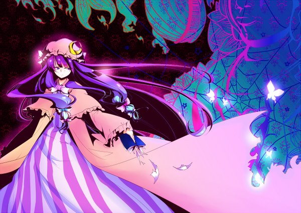 Anime picture 2657x1886 with touhou patchouli knowledge zundamame single long hair highres purple eyes looking away purple hair girl dress bow hair bow insect butterfly bonnet