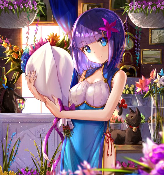 Anime picture 1200x1280 with original alphatitus single tall image looking at viewer blush fringe short hair breasts blue eyes smile standing bare shoulders holding purple hair upper body indoors blunt bangs traditional clothes hair flower