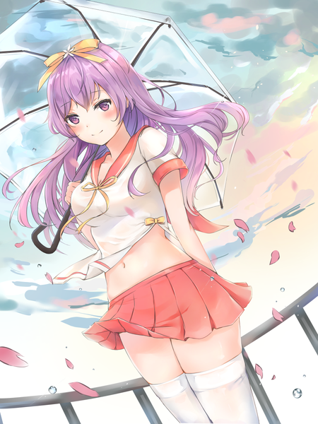 Anime picture 900x1200 with dj max munape single long hair tall image looking at viewer blush fringe breasts smile hair between eyes standing purple eyes holding sky cleavage purple hair cloud (clouds) outdoors pleated skirt