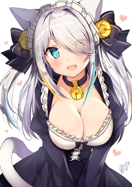 Anime picture 2508x3541 with original nenobi (nenorium) single long hair tall image looking at viewer blush fringe highres breasts open mouth blue eyes light erotic simple background smile large breasts standing white background signed animal ears