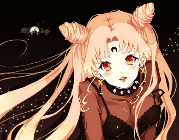Anime picture 1500x1176 with bishoujo senshi sailor moon toei animation chibiusa black lady single long hair looking at viewer blush light erotic smile red eyes twintails very long hair light smile lips orange hair hair bun (hair buns) orange eyes black background girl