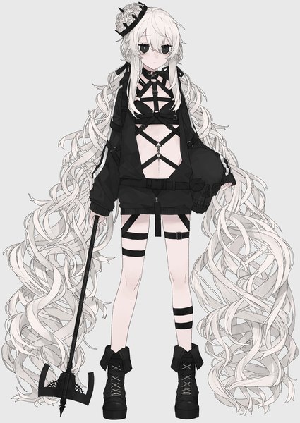 Anime picture 2508x3541 with original rairyuu single tall image looking at viewer fringe highres light erotic hair between eyes standing payot full body white hair long sleeves very long hair black eyes grey background open jacket sleeves past wrists flat chest