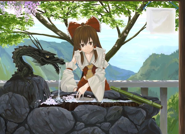 Anime picture 1375x1000 with touhou hakurei reimu kinoto (ruindivinity) single long hair looking at viewer brown hair brown eyes girl skirt bow plant (plants) hair bow detached sleeves petals tree (trees) water skirt set dragon