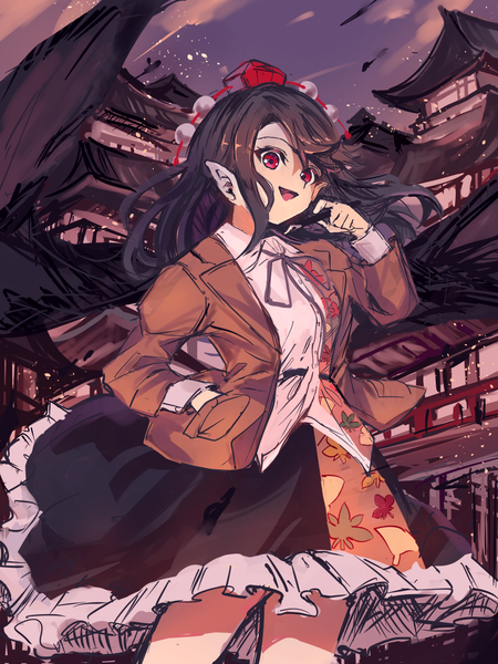 Anime-Bild 1200x1600 mit touhou shameimaru aya sutaku77224 single long hair tall image open mouth black hair red eyes outdoors :d pointy ears hand in pocket black wings architecture east asian architecture girl wings tokin hat