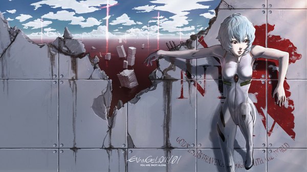 Anime picture 1422x800 with neon genesis evangelion rebuild of evangelion evangelion: 2.0 you can (not) advance gainax ayanami rei jiguang pianyu single short hair red eyes wide image blue hair silver hair cloud (clouds) inscription ruins destruction nerv girl pilot suit