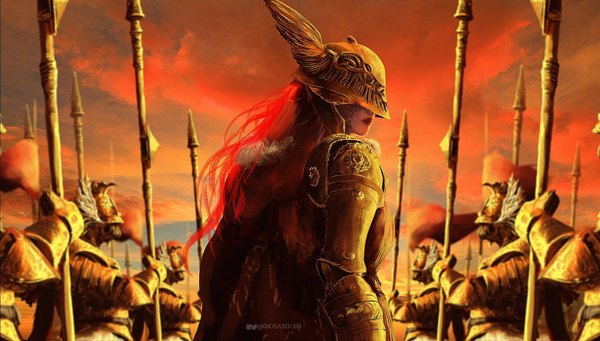 Anime picture 1901x1079 with elden ring malenia blade of miquella cleanrot knight 00osamio00 long hair highres wide image standing signed sky outdoors red hair twitter username turning head red sky girl weapon armor helmet spear