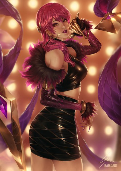 Anime picture 849x1200 with league of legends k/da (league of legends) evelynn (league of legends) k/da evelynn raikoart single long hair tall image looking at viewer fringe breasts hair between eyes standing bare shoulders brown eyes signed payot purple hair nail polish parted lips