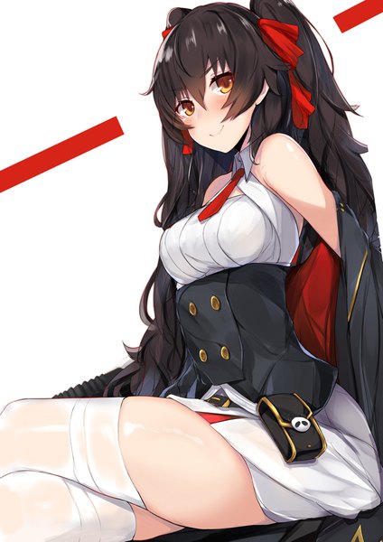 Anime picture 2894x4093 with girls frontline qbz-97 (girls frontline) nanakaku single long hair tall image looking at viewer blush fringe highres breasts light erotic black hair simple background smile hair between eyes white background sitting twintails bare shoulders