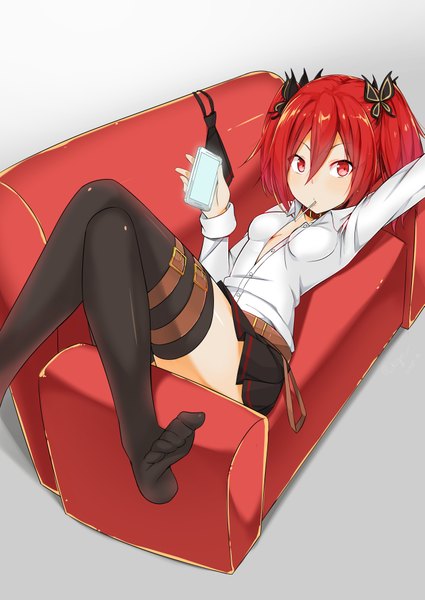 Anime picture 1433x2024 with @ichigo single long hair tall image looking at viewer breasts light erotic red eyes twintails holding red hair lying open clothes no bra on back open shirt no shoes crossed legs girl thighhighs